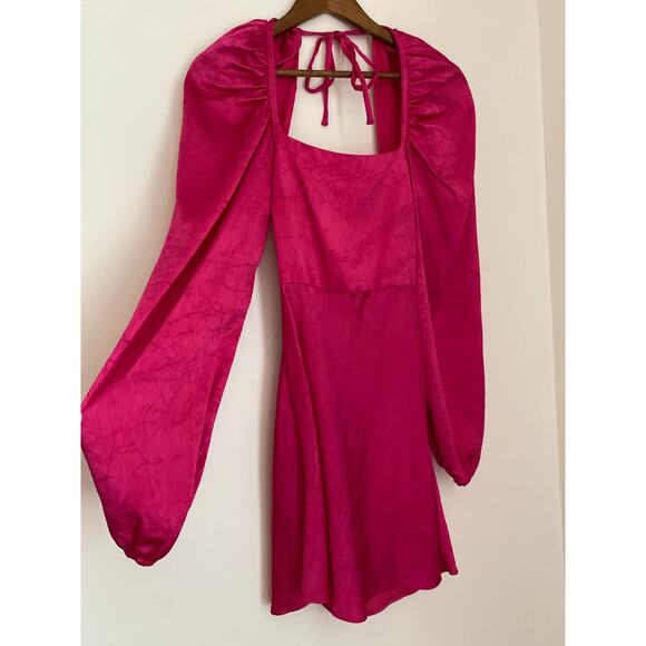 Lovers & Friends Azusa Mini Dress Square Neck Puff Sleeve Hot Berry Pink EUC S - Picture 5 of 8